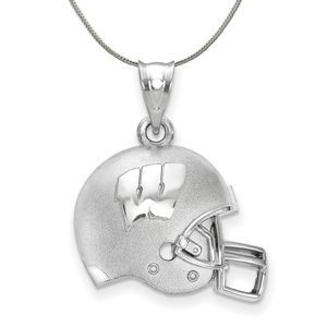 Sterling Silver U of Wisconsin 3D Football Logo Helmet Necklace, 20 In
